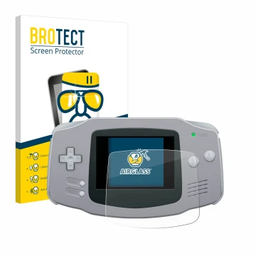 Parte frontal de un envase de producto con el logotipo de la marca BROTECT. Al lado se muestra el dispositivo Nintendo Gameboy
