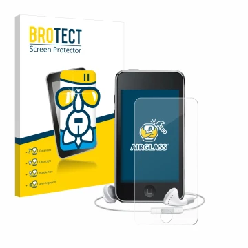 Parte frontal de un envase de producto con el logotipo de la marca BROTECT. Al lado se muestra el dispositivo Apple iPod Touch