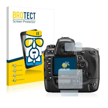 Parte frontal de un envase de producto con el logotipo de la marca BROTECT. Al lado se muestra el dispositivo Nikon D3S con su