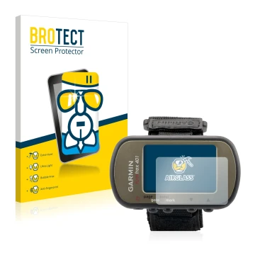 Parte frontal de un envase de producto con el logotipo de la marca BROTECT. Al lado se muestra el dispositivo Garmin Foretrex 