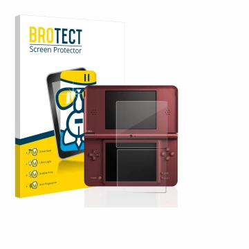 Parte frontal de un envase de producto con el logotipo de la marca BROTECT. Al lado se muestra el dispositivo Nintendo DSi XL 