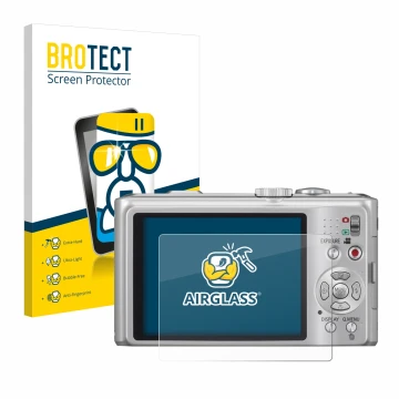 Parte frontal de un envase de producto con el logotipo de la marca BROTECT. Al lado se muestra el dispositivo Panasonic Lumix 