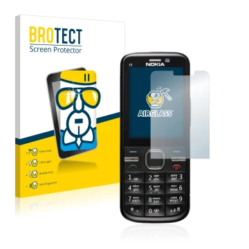 Parte frontal de un envase de producto con el logotipo de la marca BROTECT. Al lado se muestra el dispositivo Nokia C5-00 con 