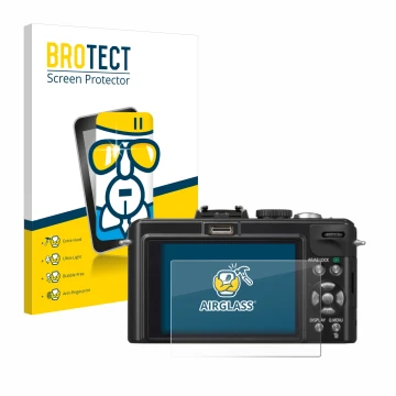 Parte frontal de un envase de producto con el logotipo de la marca BROTECT. Al lado se muestra el dispositivo Panasonic Lumix 