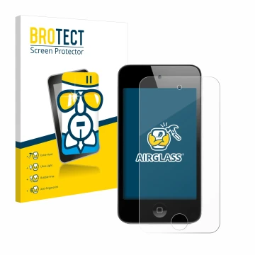 Parte frontal de un envase de producto con el logotipo de la marca BROTECT. Al lado se muestra el dispositivo Apple iPod Touch