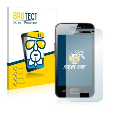 Parte frontal de un envase de producto con el logotipo de la marca BROTECT. Al lado se muestra el dispositivo Samsung Galaxy A
