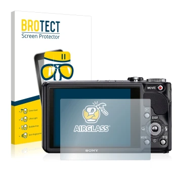 Parte frontal de un envase de producto con el logotipo de la marca BROTECT. Al lado se muestra el dispositivo Sony Cyber-Shot 