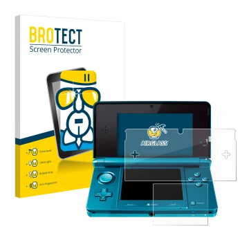 Parte frontal de un envase de producto con el logotipo de la marca BROTECT. Al lado se muestra el dispositivo Nintendo 3DS con