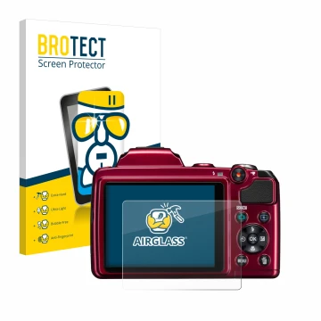 Parte frontal de un envase de producto con el logotipo de la marca BROTECT. Al lado se muestra el dispositivo Nikon Coolpix L1