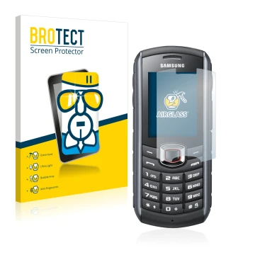 Parte frontal de un envase de producto con el logotipo de la marca BROTECT. Al lado se muestra el dispositivo Samsung GT-B2710