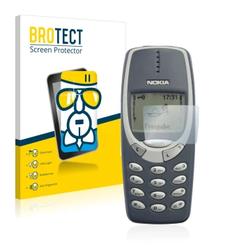 Parte frontal de un envase de producto con el logotipo de la marca BROTECT. Al lado se muestra el dispositivo Nokia 3310 2011 