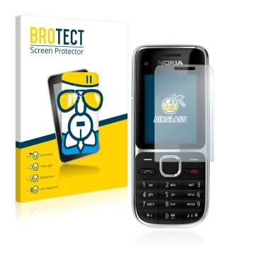 Parte frontal de un envase de producto con el logotipo de la marca BROTECT. Al lado se muestra el dispositivo Nokia C2-01 con 