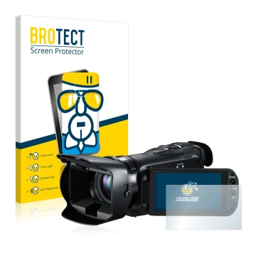 Parte frontal de un envase de producto con el logotipo de la marca BROTECT. Al lado se muestra el dispositivo Canon Legria HF 