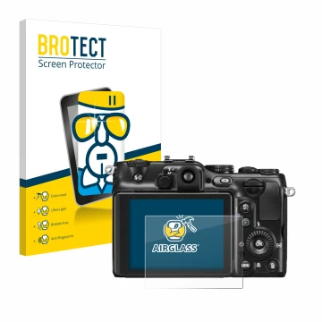 Parte frontal de un envase de producto con el logotipo de la marca BROTECT. Al lado se muestra el dispositivo Nikon Coolpix P7