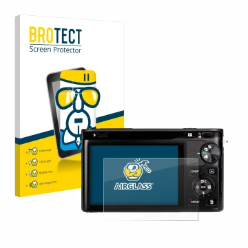 Parte frontal de un envase de producto con el logotipo de la marca BROTECT. Al lado se muestra el dispositivo Nikon 1 J1 con s