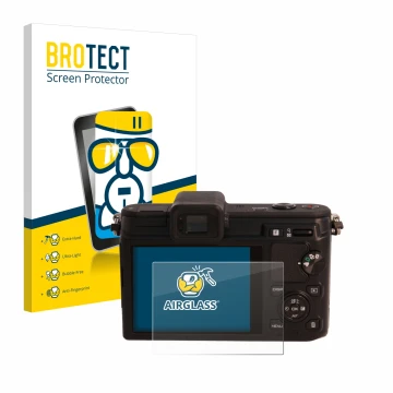 Parte frontal de un envase de producto con el logotipo de la marca BROTECT. Al lado se muestra el dispositivo Nikon 1 V1 con s