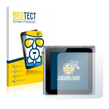 Parte frontal de un envase de producto con el logotipo de la marca BROTECT. Al lado se muestra el dispositivo Apple iPod nano 