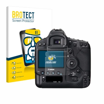 Parte frontal de un envase de producto con el logotipo de la marca BROTECT. Al lado se muestra el dispositivo Canon EOS 1D X c