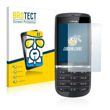 Parte frontal de un envase de producto con el logotipo de la marca BROTECT. Al lado se muestra el dispositivo Nokia Asha 300 c