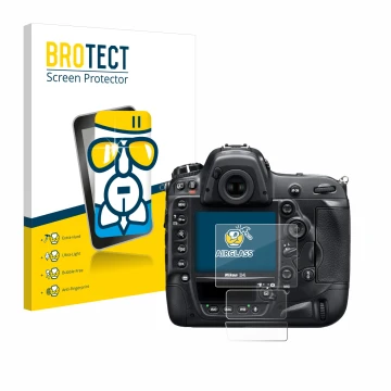 Parte frontal de un envase de producto con el logotipo de la marca BROTECT. Al lado se muestra el dispositivo Nikon D4 con su 