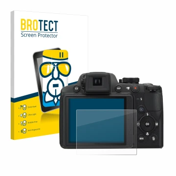 Parte frontal de un envase de producto con el logotipo de la marca BROTECT. Al lado se muestra el dispositivo Nikon Coolpix P5
