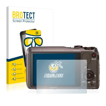 Parte frontal de un envase de producto con el logotipo de la marca BROTECT. Al lado se muestra el dispositivo Sony Cyber-Shot 