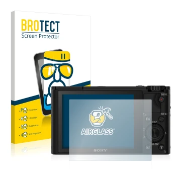 Parte frontal de un envase de producto con el logotipo de la marca BROTECT. Al lado se muestra el dispositivo Sony Cyber-Shot 