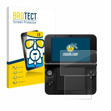 Parte frontal de un envase de producto con el logotipo de la marca BROTECT. Al lado se muestra el dispositivo Nintendo 3DS XL 