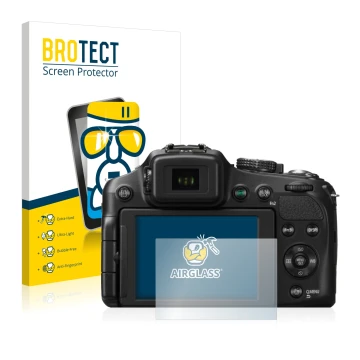 Parte frontal de un envase de producto con el logotipo de la marca BROTECT. Al lado se muestra el dispositivo Panasonic Lumix 