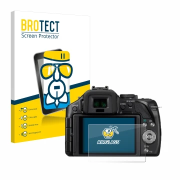 Parte frontal de un envase de producto con el logotipo de la marca BROTECT. Al lado se muestra el dispositivo Panasonic Lumix 