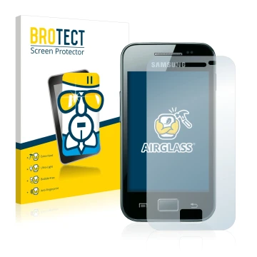Parte frontal de un envase de producto con el logotipo de la marca BROTECT. Al lado se muestra el dispositivo Samsung Galaxy A