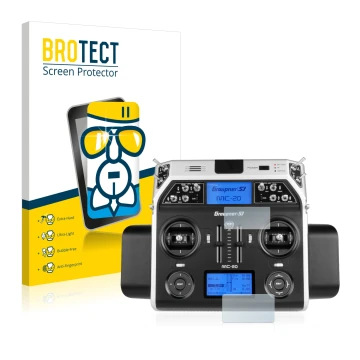 Parte frontal de un envase de producto con el logotipo de la marca BROTECT. Al lado se muestra el dispositivo Graupner MC-20 H