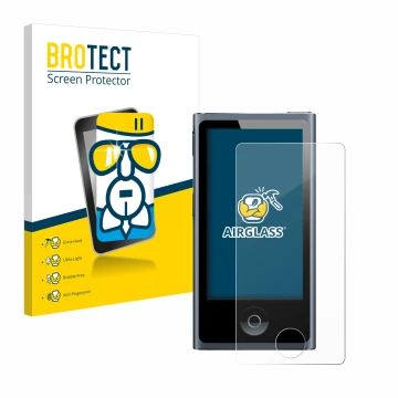 Parte frontal de un envase de producto con el logotipo de la marca BROTECT. Al lado se muestra el dispositivo Apple iPod nano 