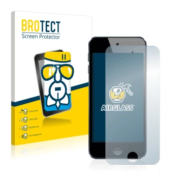 Parte frontal de un envase de producto con el logotipo de la marca BROTECT. Al lado se muestra el dispositivo Apple iPod Touch