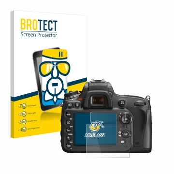 Parte frontal de un envase de producto con el logotipo de la marca BROTECT. Al lado se muestra el dispositivo Nikon D600 con s