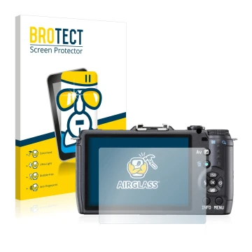 Parte frontal de un envase de producto con el logotipo de la marca BROTECT. Al lado se muestra el dispositivo Pentax Q10 con s