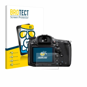 Parte frontal de un envase de producto con el logotipo de la marca BROTECT. Al lado se muestra el dispositivo Sony Alpha 99 co