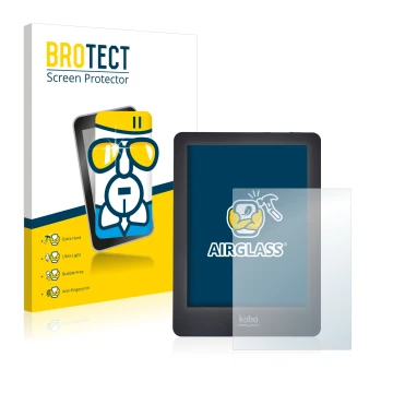 Parte frontal de un envase de producto con el logotipo de la marca BROTECT. Al lado se muestra el dispositivo Kobo Glo con su 