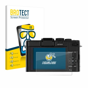Parte frontal de un envase de producto con el logotipo de la marca BROTECT. Al lado se muestra el dispositivo Leica D-Lux 6 co