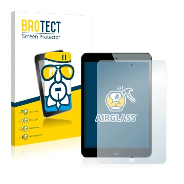 Parte frontal de un envase de producto con el logotipo de la marca BROTECT. Al lado se muestra el dispositivo Apple iPad Mini 