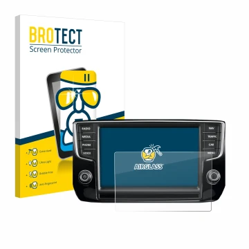 Parte frontal de un envase de producto con el logotipo de la marca BROTECT. Al lado se muestra el dispositivo Volkswagen Passa