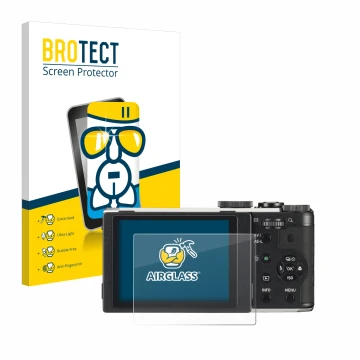 Parte frontal de un envase de producto con el logotipo de la marca BROTECT. Al lado se muestra el dispositivo Pentax MX-1 con 