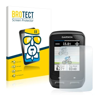 Parte frontal de un envase de producto con el logotipo de la marca BROTECT. Al lado se muestra el dispositivo Garmin Edge 510 