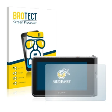 Parte frontal de un envase de producto con el logotipo de la marca BROTECT. Al lado se muestra el dispositivo Sony Cyber-Shot 