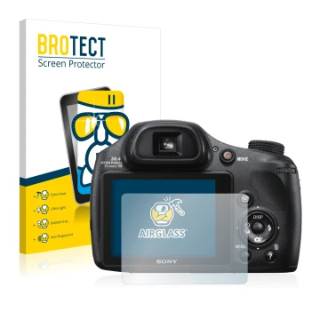 Parte frontal de un envase de producto con el logotipo de la marca BROTECT. Al lado se muestra el dispositivo Sony Cyber-Shot 