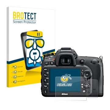Parte frontal de un envase de producto con el logotipo de la marca BROTECT. Al lado se muestra el dispositivo Nikon D7100 con 
