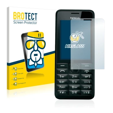 Parte frontal de un envase de producto con el logotipo de la marca BROTECT. Al lado se muestra el dispositivo Nokia 301 con su
