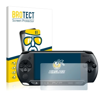 Parte frontal de un envase de producto con el logotipo de la marca BROTECT. Al lado se muestra el dispositivo Sony PSP 1004 co