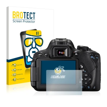 Parte frontal de un envase de producto con el logotipo de la marca BROTECT. Al lado se muestra el dispositivo Canon EOS 700D c