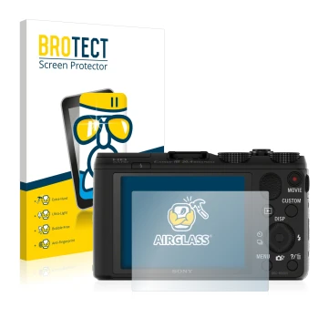 Parte frontal de un envase de producto con el logotipo de la marca BROTECT. Al lado se muestra el dispositivo Sony Cyber-Shot 